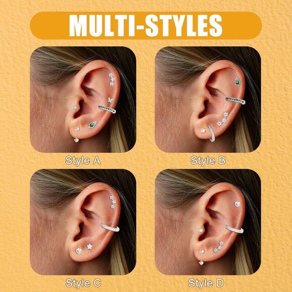 14K Gold Flat Back Dainty Earrings Set with Cubic Zirconia for Sensitive Ears, M - Picture 3 of 6